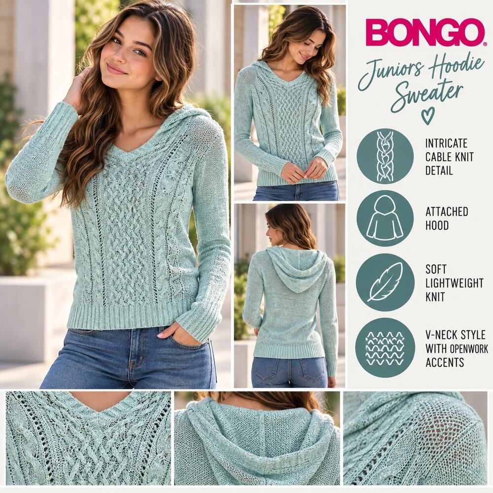 Bongo Hooded Sweater Juniors S Mint Cable Knit V-Neck Long Sleeve Pullover